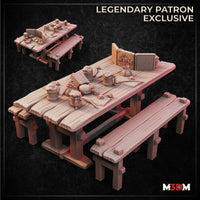 Digital render of a 32mm scale TTRPG gaming table scatter terrain piece by M3DM, showing a wide wooden tavern table with two benches, scattered with tankards, coin pouches, open books, quills, dice, and an M3DM branded DM screen prop — shown in warm resin-coloured render with a smaller version in the background