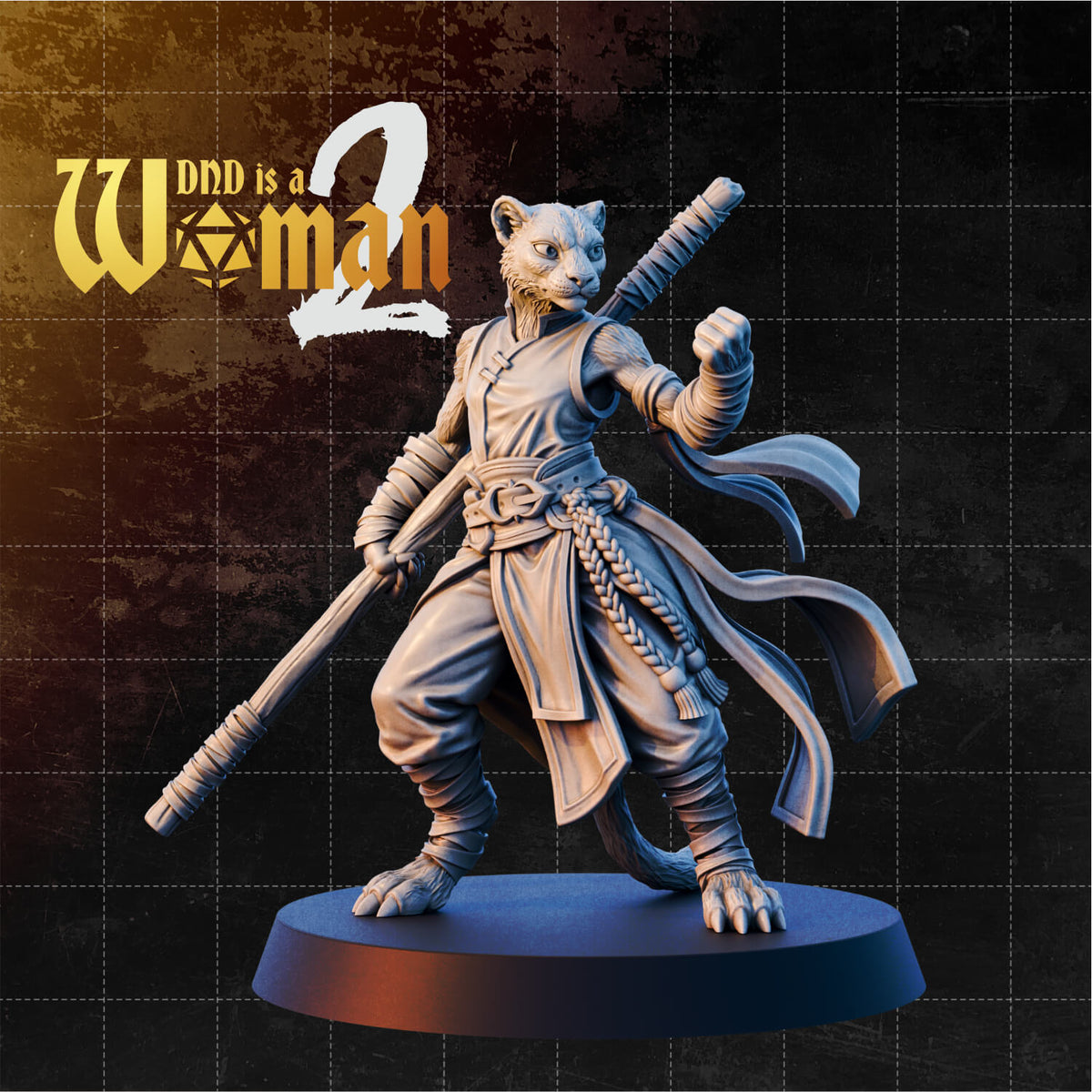 Tabaxi female monk in a wide fighting stance, swinging a quarterstaff diagonally across her body, free fist raised at shoulder height. Layered robes with braided belt cord and forearm wraps. Sculpt by DnD is a Woman.