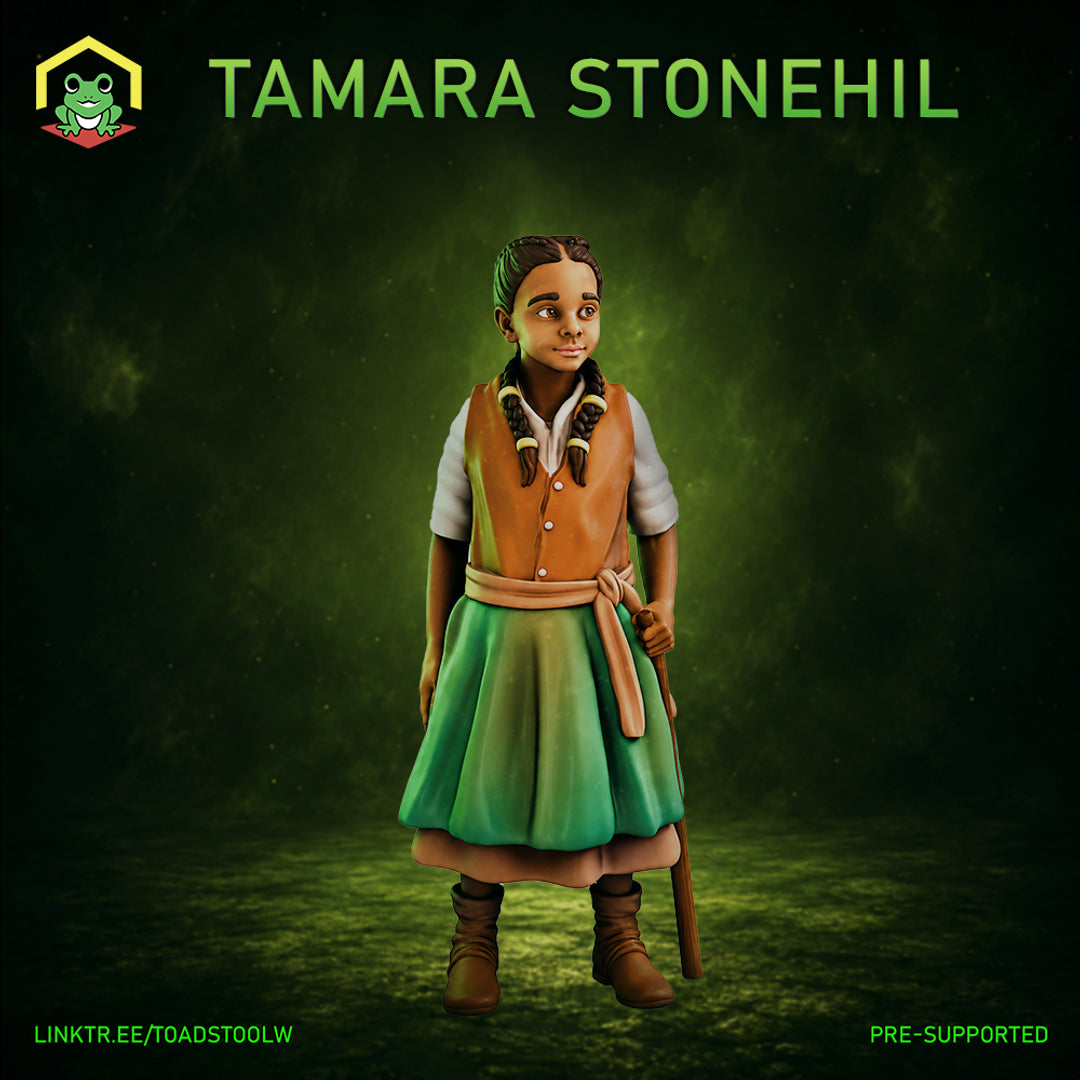 Young girl standing upright holding a plain wooden staff, wearing a green skirt, amber waistcoat, white blouse, and ankle boots, with neat dark braids. Sculpt by The Toadstool Weaver.
