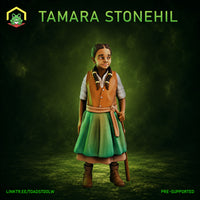 Young girl standing upright holding a plain wooden staff, wearing a green skirt, amber waistcoat, white blouse, and ankle boots, with neat dark braids. Sculpt by The Toadstool Weaver.