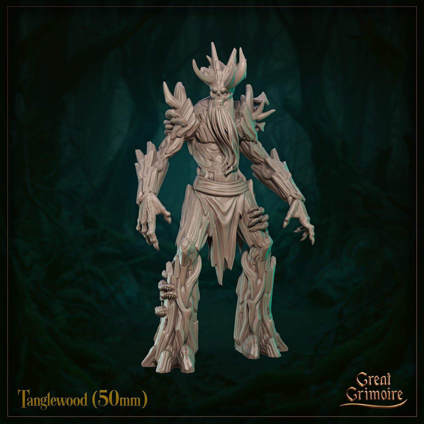 Tanglewood 50mm resin miniature front view — a corrupted treant with a skull face, antler crown, bark-plated arms ending in clawed hands, coiled vine rope on the forearms, and thick trunk-like legs with mushroom scatter at the base. Unpainted grey resin digital render.