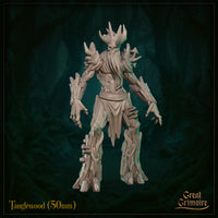 Tanglewood 50mm resin miniature front view — a corrupted treant with a skull face, antler crown, bark-plated arms ending in clawed hands, coiled vine rope on the forearms, and thick trunk-like legs with mushroom scatter at the base. Unpainted grey resin digital render.
