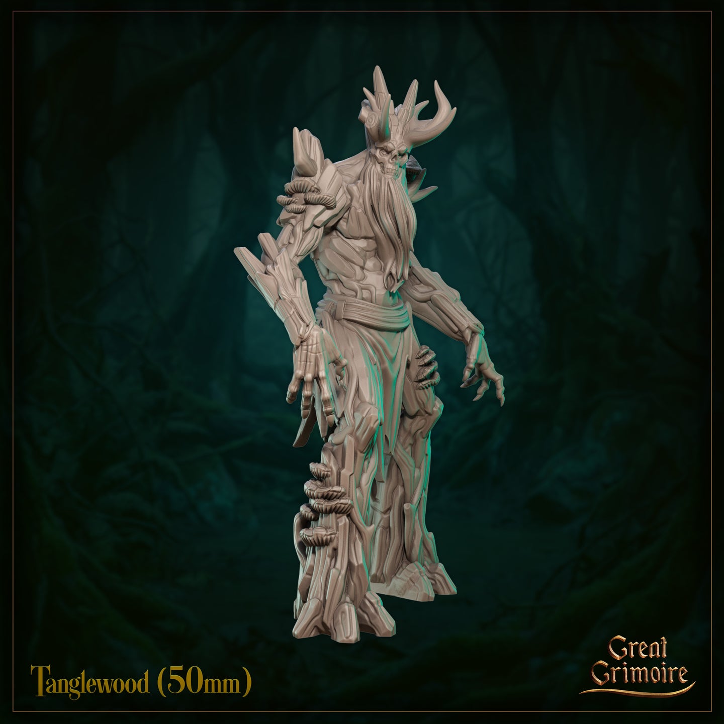 Tanglewood 50mm resin miniature three-quarter view — showing the skull face in profile, layered bark shoulder detail, tattered cloth around the torso, and the root-merged base with mushroom growths. Unpainted grey resin digital render.