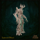 Tanglewood 50mm resin miniature three-quarter view — showing the skull face in profile, layered bark shoulder detail, tattered cloth around the torso, and the root-merged base with mushroom growths. Unpainted grey resin digital render.