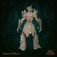 Tanglewood 50mm resin miniature rear view — revealing the deep wood-grain bark plating across the back and shoulders, the draped cloth waistband, segmented arm construction, and the heavily textured trunk legs rooting into the base. Unpainted grey resin digital render.