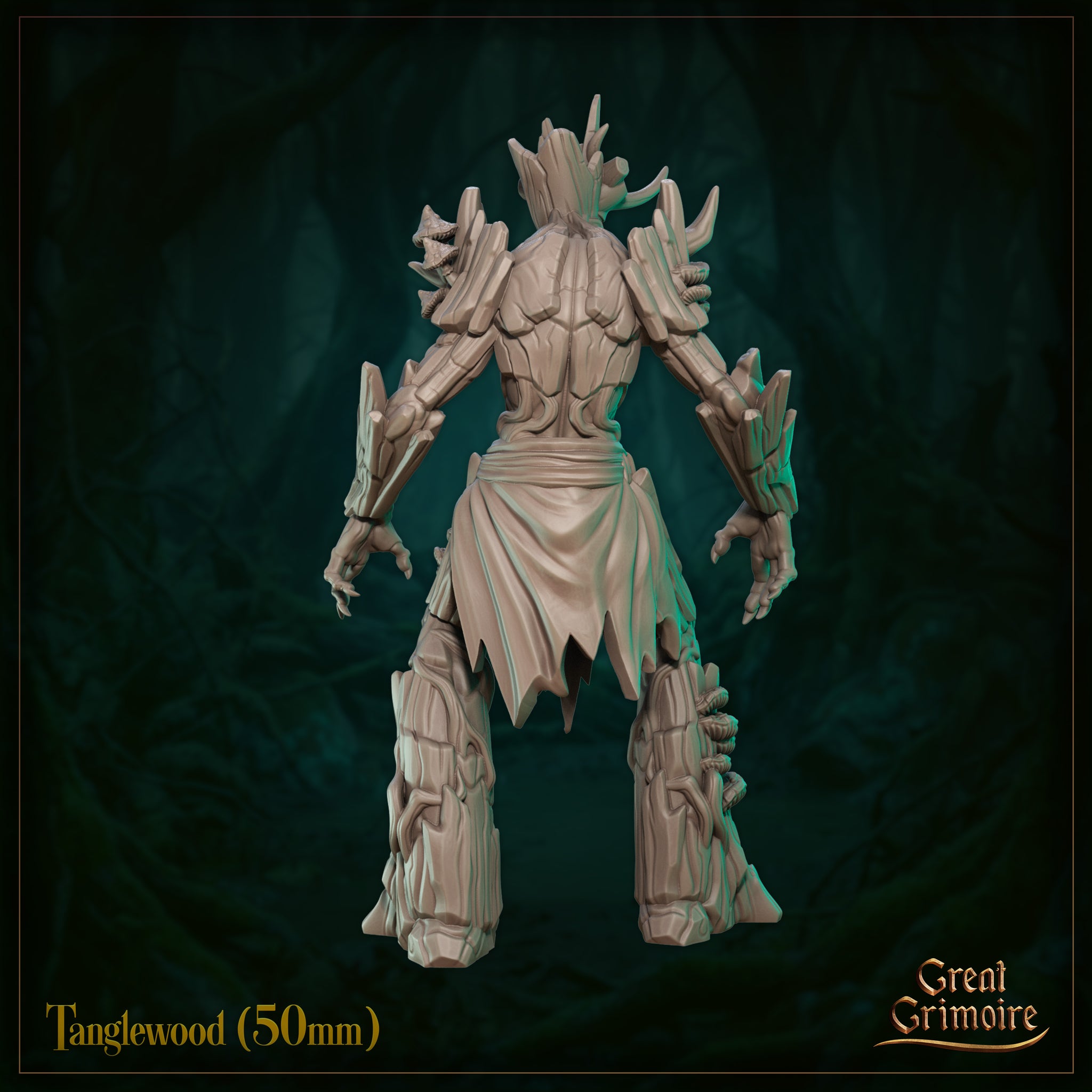 Tanglewood 50mm resin miniature rear view — revealing the deep wood-grain bark plating across the back and shoulders, the draped cloth waistband, segmented arm construction, and the heavily textured trunk legs rooting into the base. Unpainted grey resin digital render.