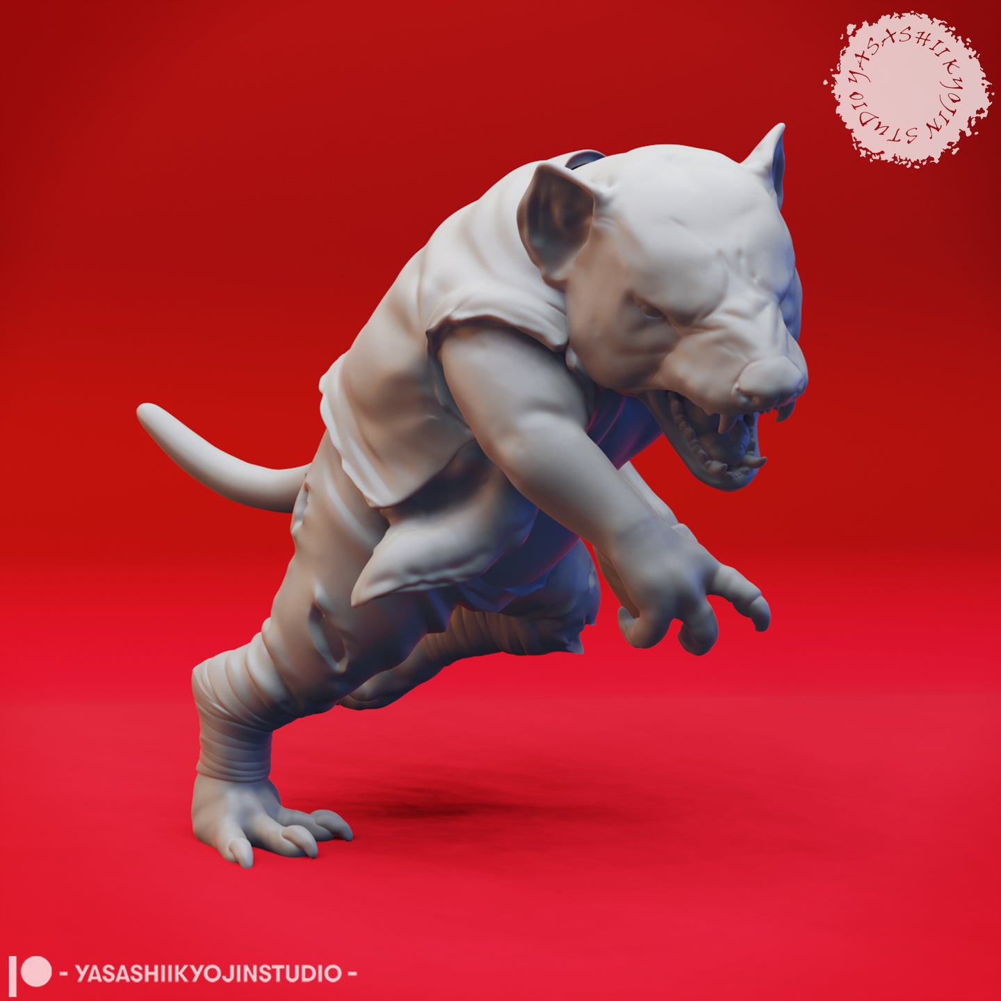 Digital render of an unpainted grey ratfolk miniature in a low crouching lunge pose — clawed hands reaching forward, bandaged legs coiled, wearing a rough tunic, mouth open and snarling. Aussie-Folk 05 by Yasashii Kyojin Studio.