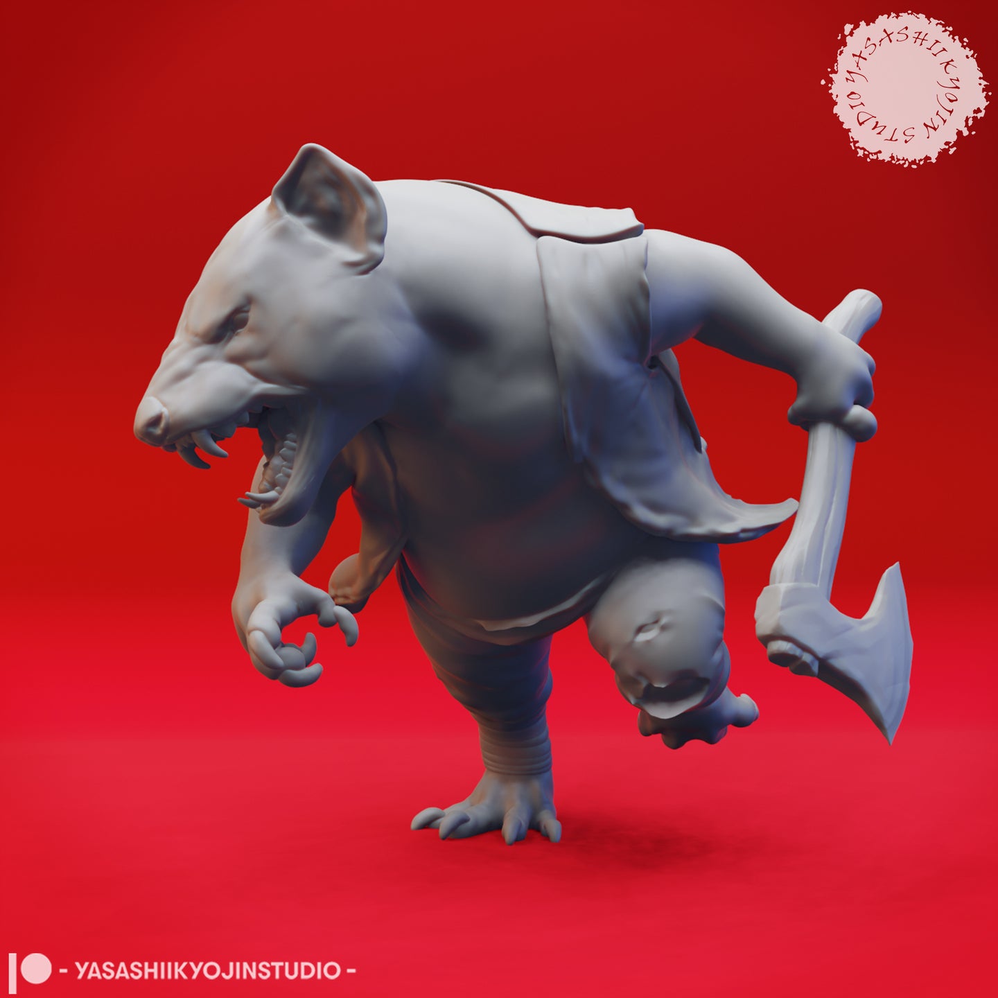 Digital render of an unpainted grey ratfolk miniature standing upright, one clawed hand raised and the other gripping a broad axe held low. Wide open snarling jaws and a tattered tunic. Aussie-Folk 05 by Yasashii Kyojin Studio.