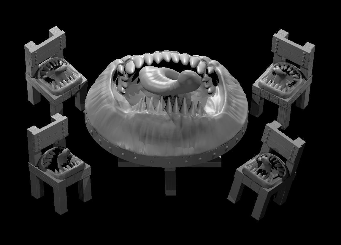 Digital render of a tavern table mimic and four mimic chairs in grey resin — the round table features a wide gaping mouth with fangs and a curled tongue, while each wooden chair has a toothed mouth for a seat, all unpainted and ready to prime