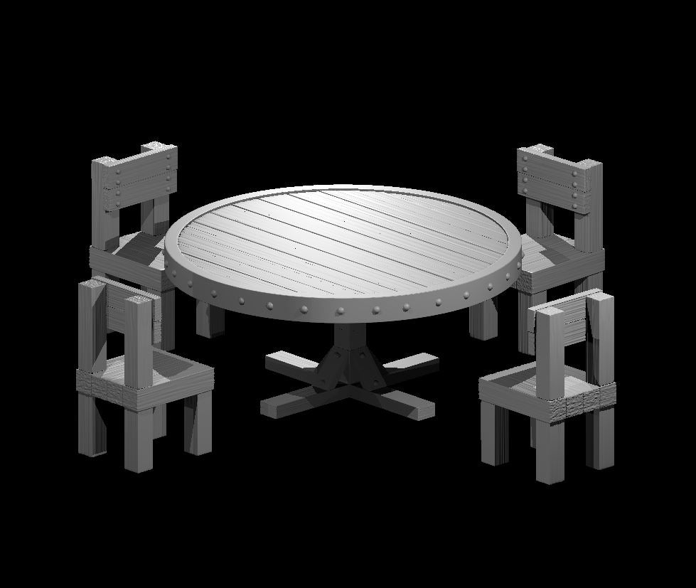 Digital render of a round wooden tavern table with studded iron rim banding and a cross-footed pedestal base, surrounded by four slatted-back wooden chairs with rope-wrapped joints, shown unpainted in grey resin, scaled for 28mm–32mm miniatures