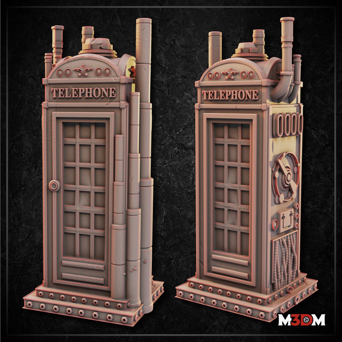 Unpainted grey resin steampunk telephone booth beside a D&D gold d20 die, showing the booth's full height with coiled pipes, mechanical side details, and ornate arched crown. Sculpt by Mia Kay M3DM.