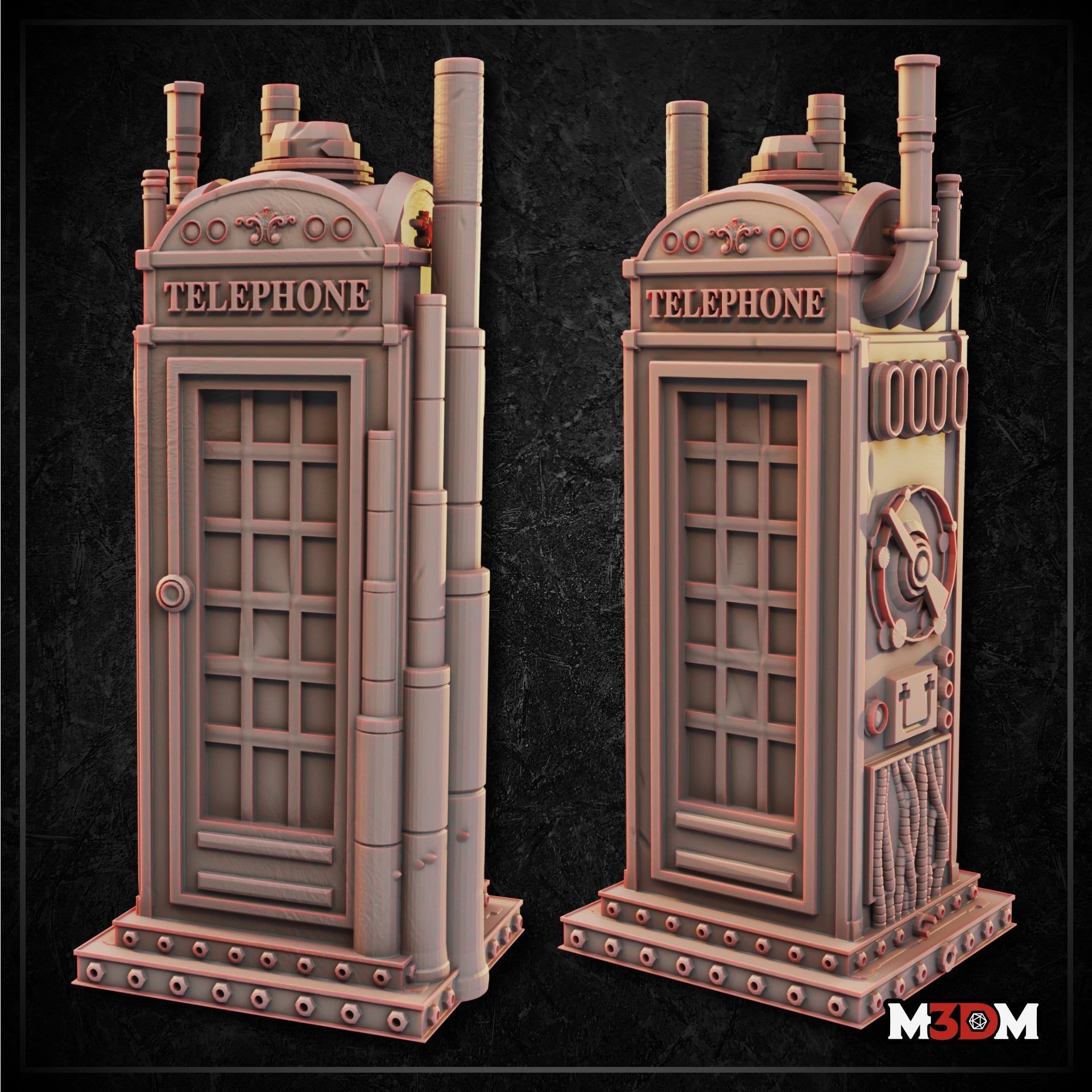 Unpainted grey resin steampunk telephone booth beside a D&D gold d20 die, showing the booth's full height with coiled pipes, mechanical side details, and ornate arched crown. Sculpt by Mia Kay M3DM.