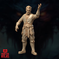 Front-facing digital render of the Male Wizard Tenser miniature at 32mm scale — unpainted resin in warm gold tone, wearing ornate embroidered robes with scrollwork detailing, right arm raised mid-incantation with fingers spread, left arm lowered, stern expression, Monster Atlas branding visible in lower left corner