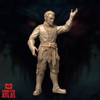 Three-quarter angle digital render of the Male Wizard Tenser miniature — unpainted resin, showing the layered fabric panels and ornate belt clasp of his robes in detail, right hand raised palm-up mid-spell, left hand relaxed at side, composed and authoritative expression, Monster Atlas branding visible