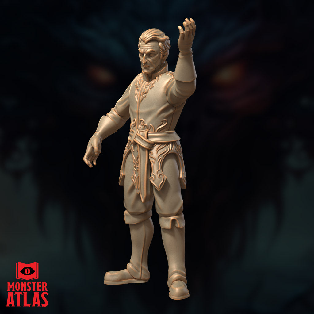 Side-angled digital render of the Male Wizard Tenser miniature — unpainted resin showing the full silhouette from a slightly lower angle, ornate lacework trim on tunic and lower panels clearly visible, right arm raised, left arm lowered, Monster Atlas branding in lower left corner