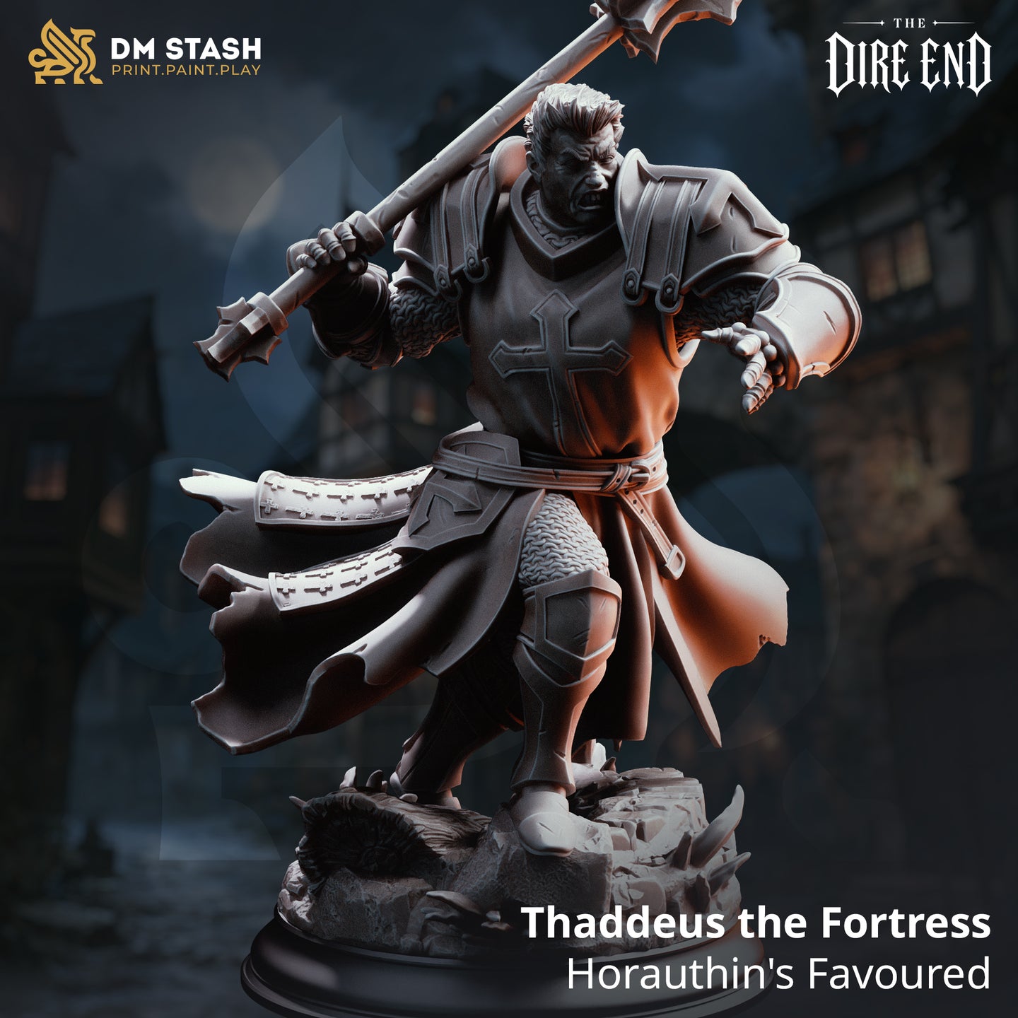 Rear view of a paladin warrior mid-charge, cross embossed on backplate, long surcoat caught in motion, two-handed spiked maul gripped firmly, standing on fractured stone debris base. DM Stash sculpt.