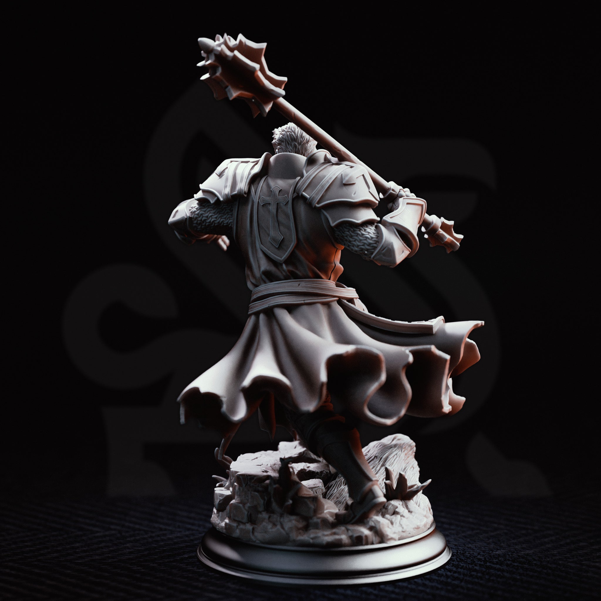 Broad-shouldered paladin warrior surging forward, hoisting a long spiked maul overhead, wearing layered plate armour over chainmail with a crusader cross on his surcoat. Sculpt by DM Stash.