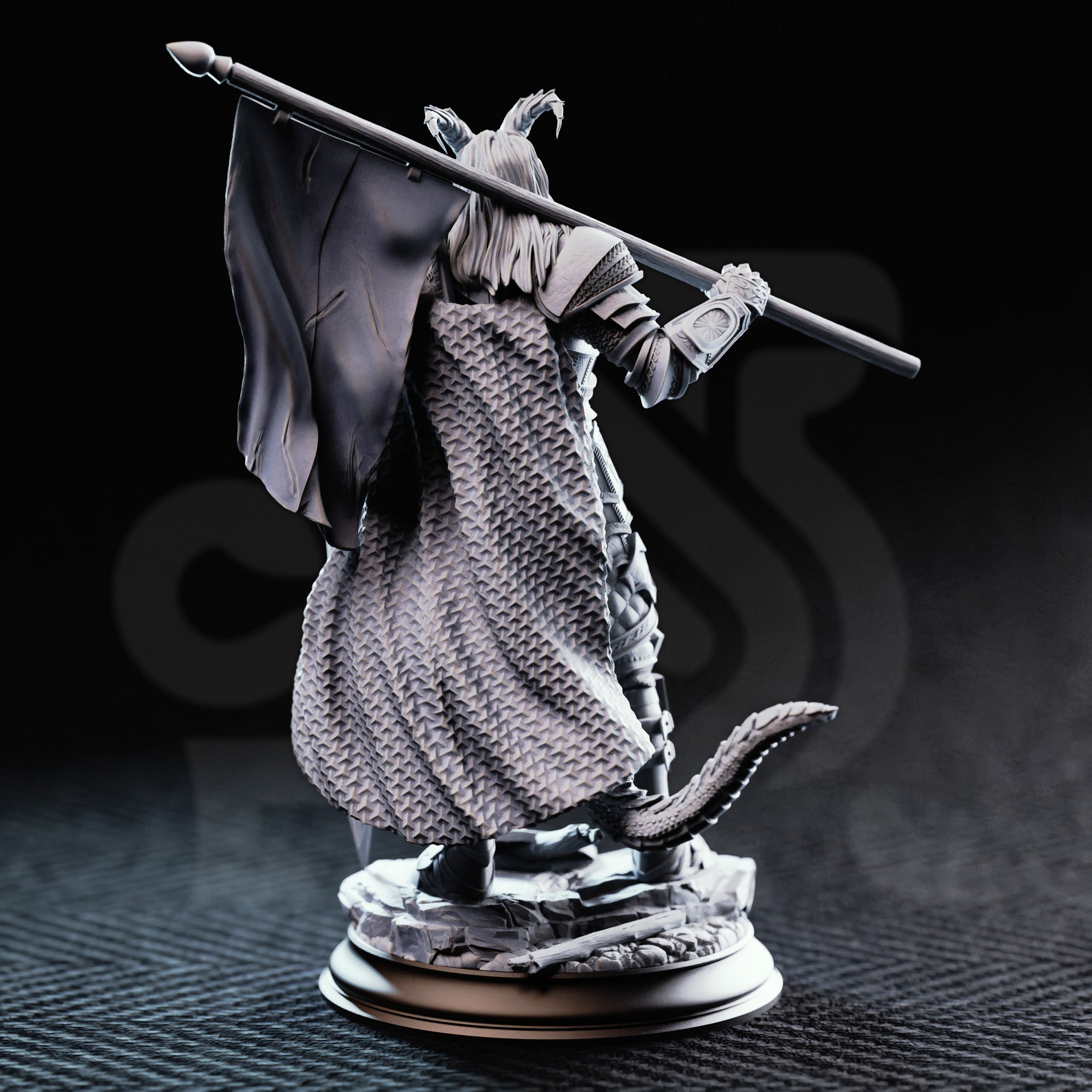 Unpainted grey resin miniature of The Captain tiefling veteran soldier — rear view highlighting scaled travelling cloak texture, tiefling tail, articulated gauntlets, and banner-pole held across the shoulders