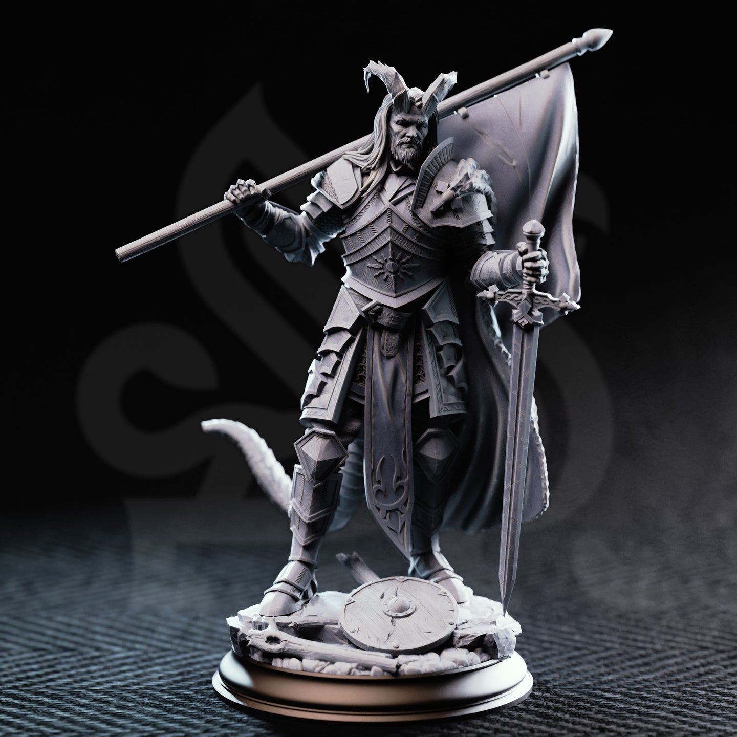 Unpainted grey resin miniature of The Captain tiefling veteran soldier — front view showing layered armour, sun-embossed breastplate, longsword, banner-pole, and detailed battlefield debris base
