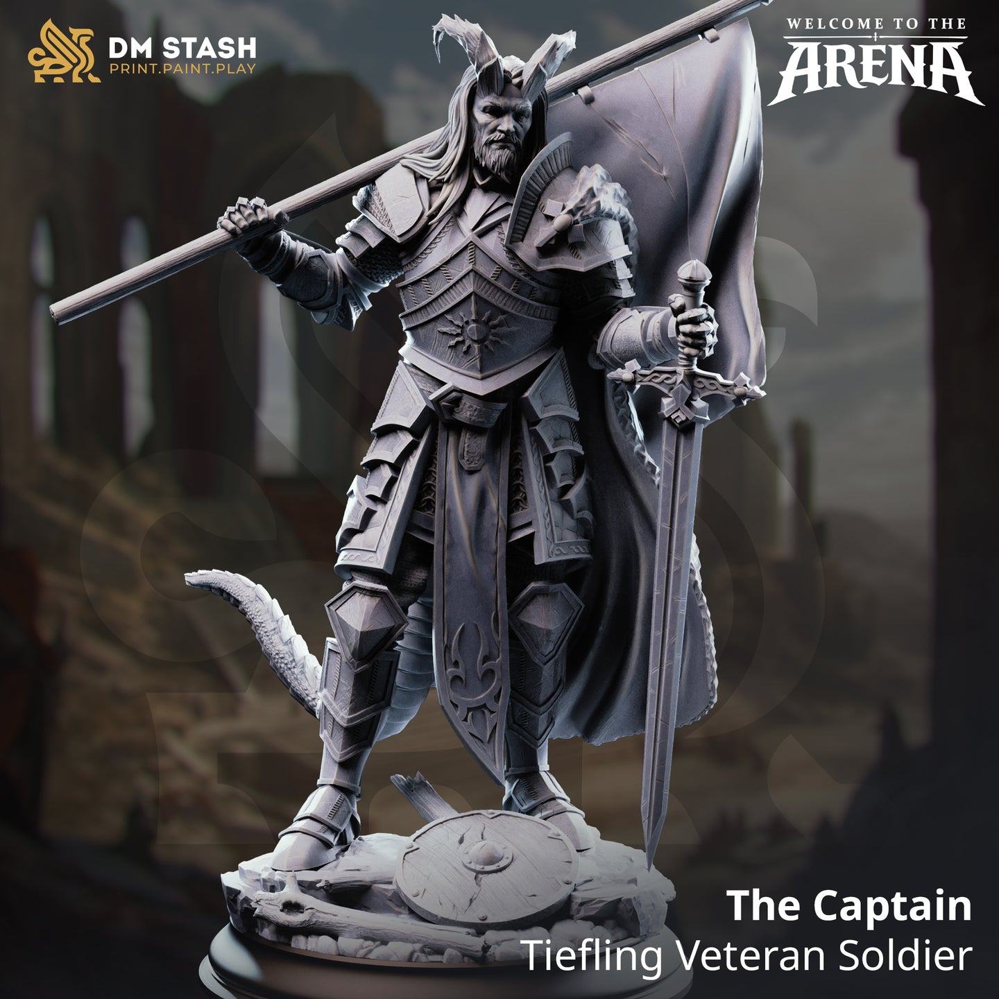 Digital render of The Captain, a tiefling veteran soldier miniature by DM Stash — armoured figure with curved horns, feathered helm, engraved breastplate, longsword, and large war banner on a rubble-strewn base
