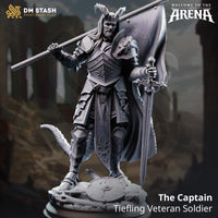 Digital render of The Captain, a tiefling veteran soldier miniature by DM Stash — armoured figure with curved horns, feathered helm, engraved breastplate, longsword, and large war banner on a rubble-strewn base