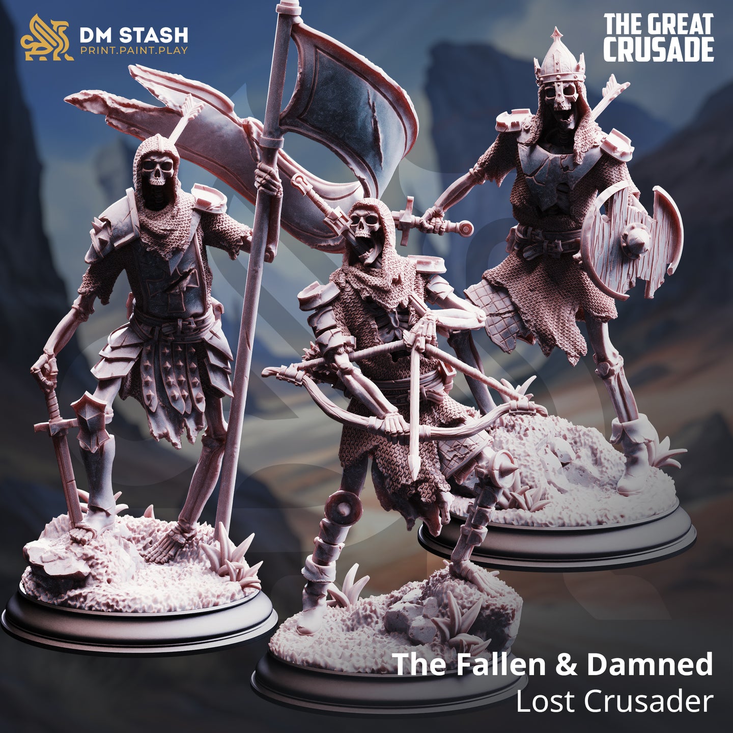 Digital render showing all three Lost Crusader skeleton miniatures side by side — left figure is a chainmail-clad skeleton standard-bearer holding a large war banner and a sword at its side, centre figure is a skeleton crossbowman in chainmail and armour mid-stride with a crossbow raised, right figure is a crowned skeleton warrior in chainmail with a sword and kite shield. All three stand on scenic rubble and earth bases. From DM Stash's The Great Crusade range.