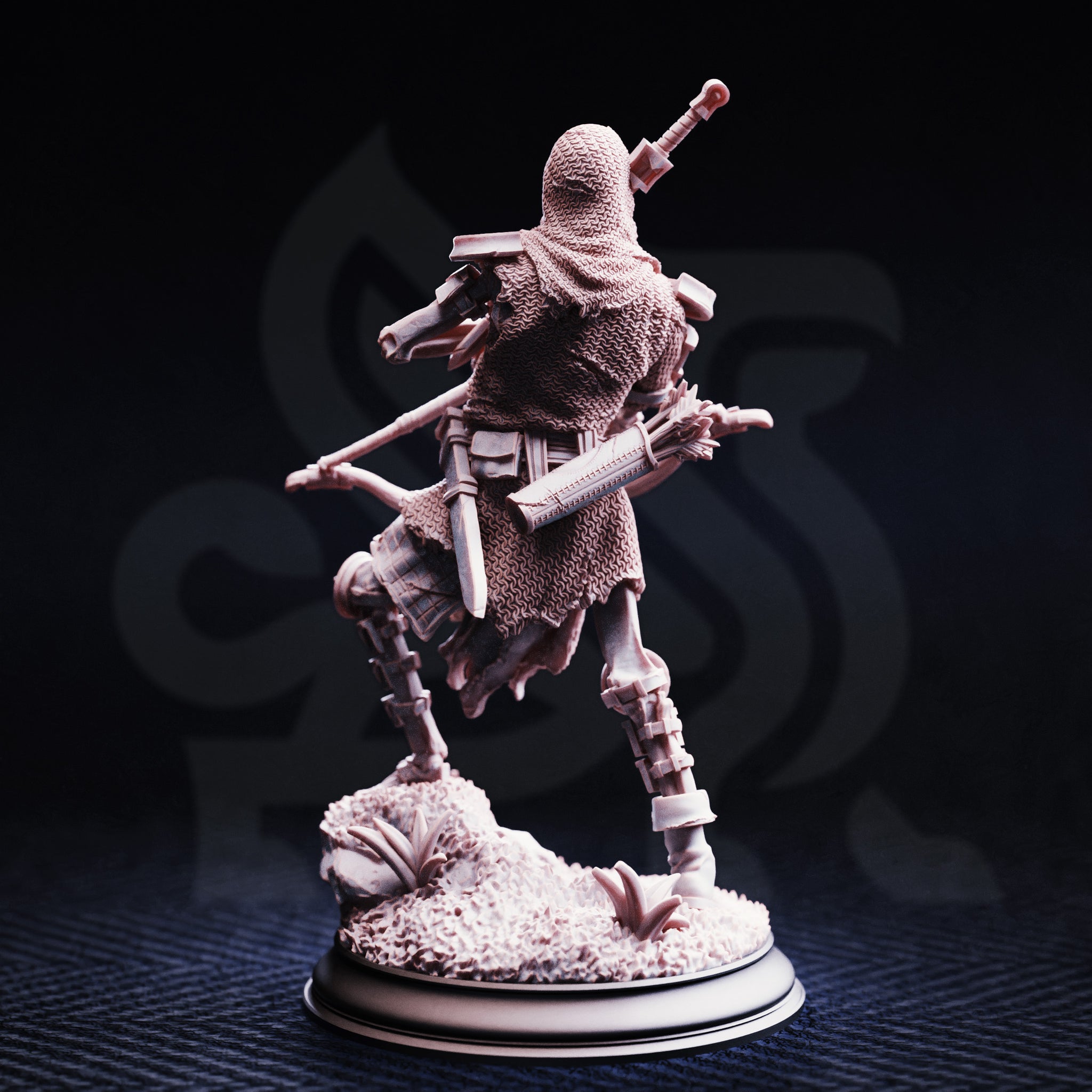 Rear view of an unpainted grey resin skeleton archer miniature in chainmail, showing a quiver of bolts, sword hilt over the shoulder, and detailed chainmail texture across the back — 32mm scale