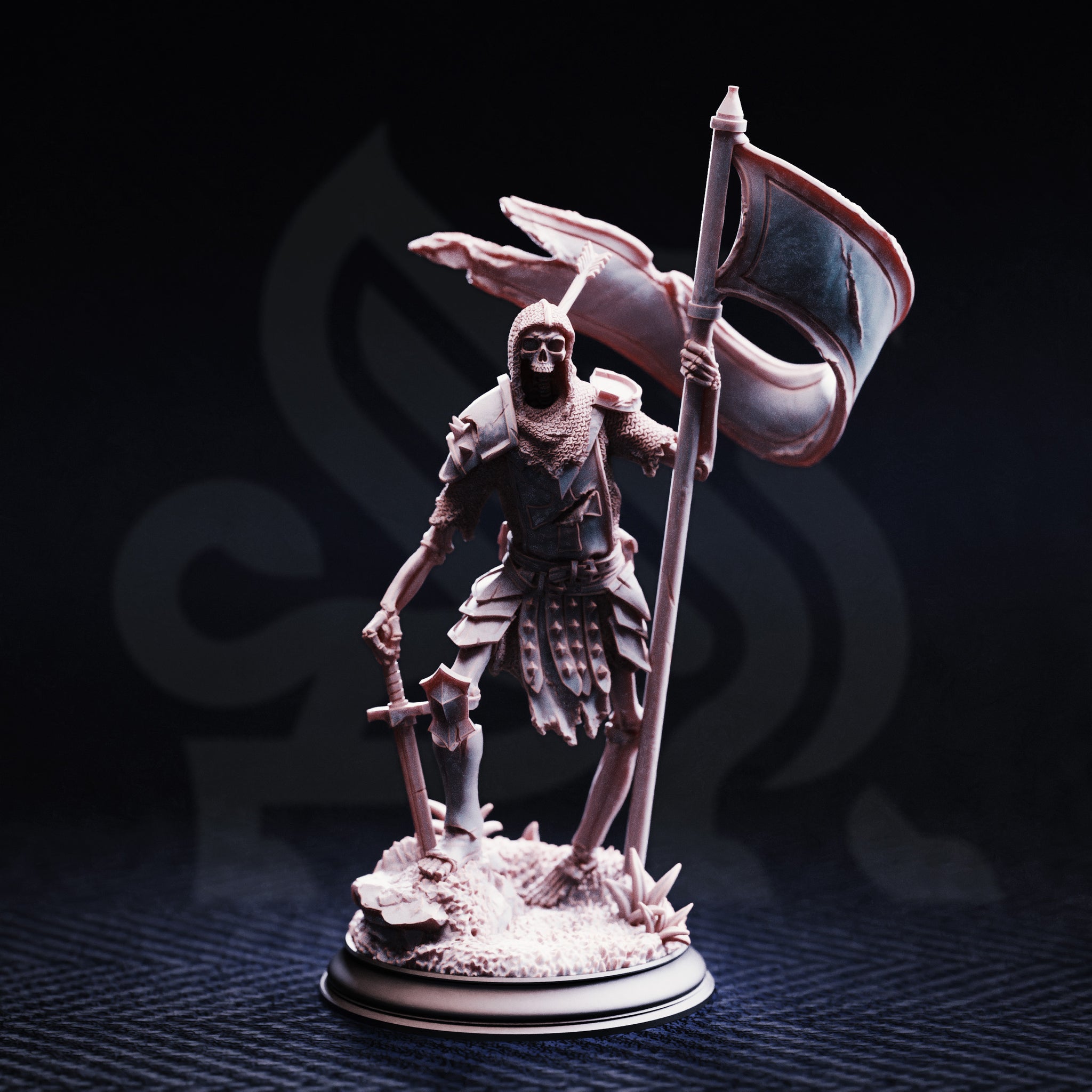 Front view of an unpainted grey resin Lost Crusader 2 miniature — a skeletal undead warrior in chain coif and layered armour, holding a tattered war banner aloft in one hand and a flanged weapon in the other, standing on a rubble-strewn battlefield base