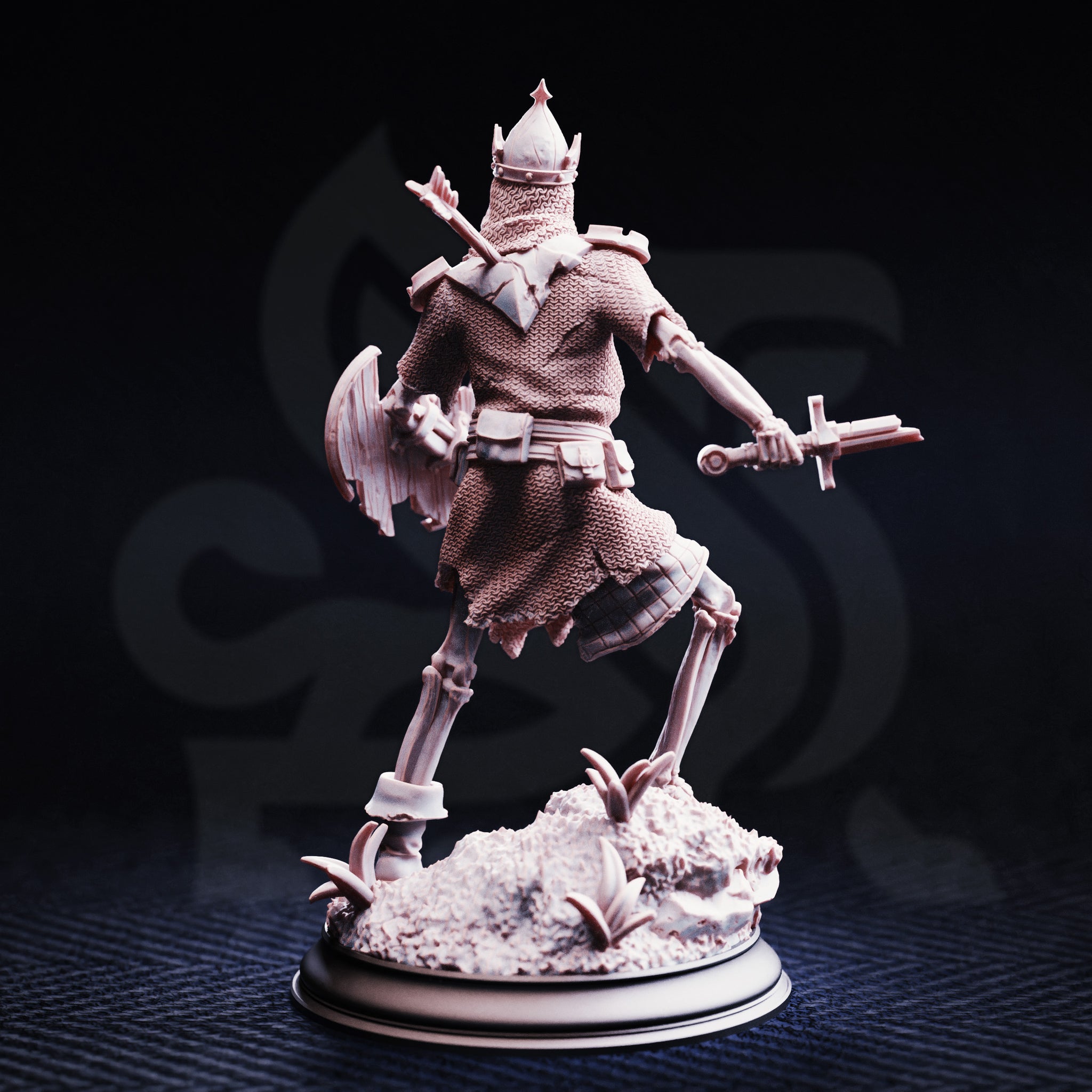 Rear three-quarter view of the same unpainted resin Lost Crusader 3 miniature, showing the detailed chainmail hauberk, conical crowned helm, skeletal legs mid-stride, and the scenic rubble base with scattered bones and dead vegetation