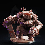 Front-facing view of the Library Golem unpainted resin miniature, highlighting the open book chest detail, brass candelabra atop the head, and thick arm-clubs of bound folios, with scattered pages across the base