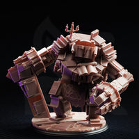 Front-facing view of the Library Golem unpainted resin miniature, highlighting the open book chest detail, brass candelabra atop the head, and thick arm-clubs of bound folios, with scattered pages across the base