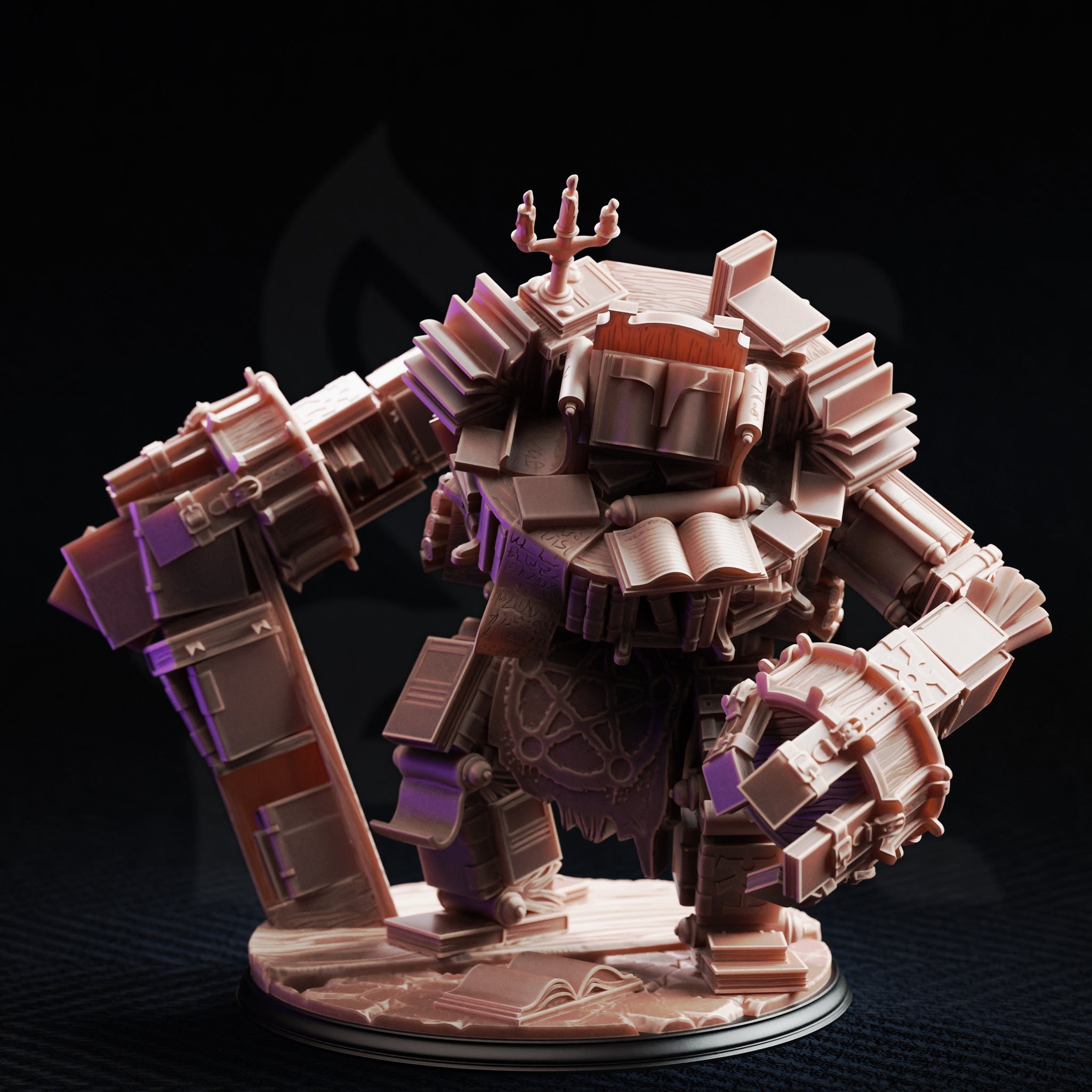 Front-facing view of the Library Golem unpainted resin miniature, highlighting the open book chest detail, brass candelabra atop the head, and thick arm-clubs of bound folios, with scattered pages across the base