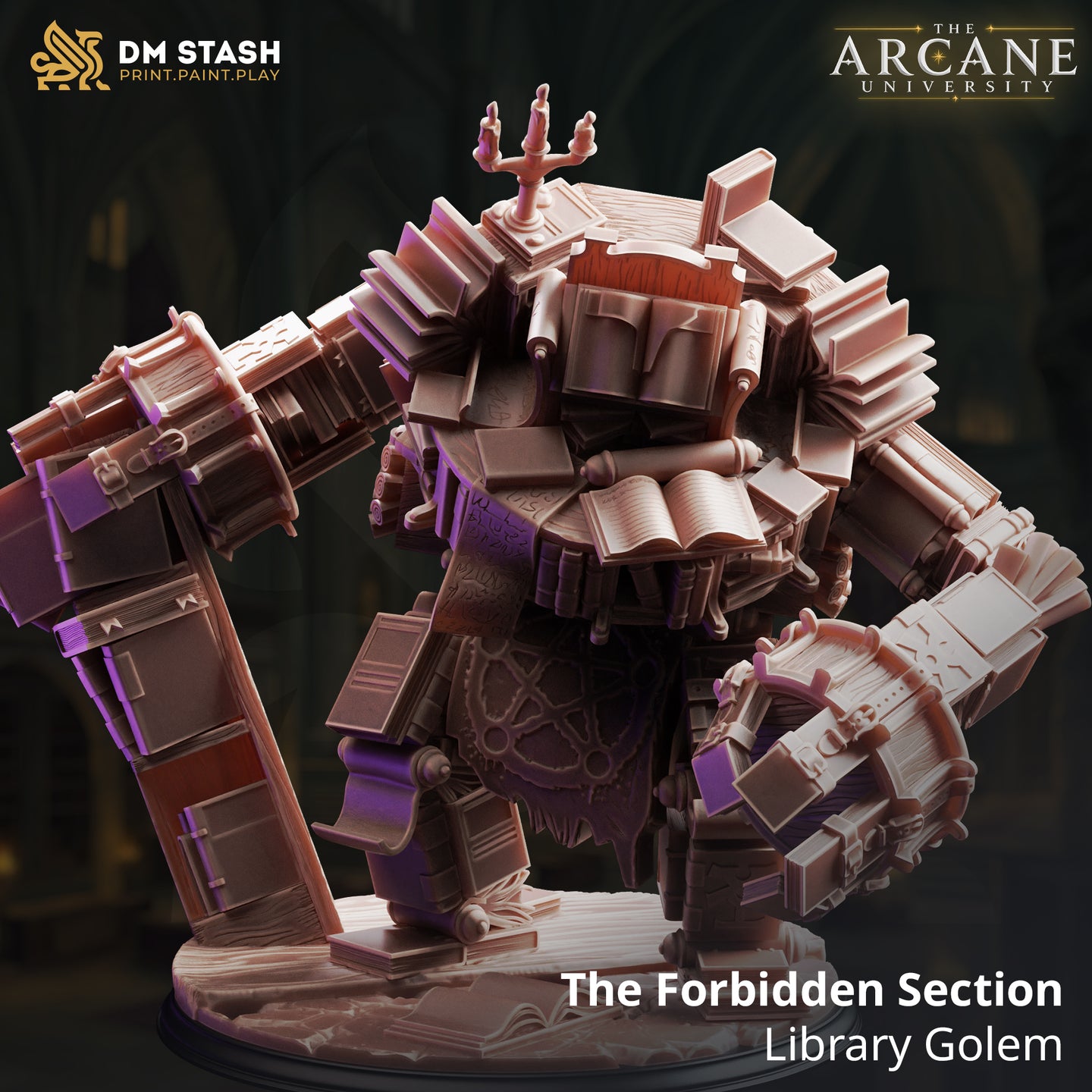 Library Golem miniature from DM Stash's Forbidden Section range — unpainted resin render showing a hulking construct built from stacked books, scrolls, and leather tomes, with a candelabra crown and book-club arms, on a debris-strewn base
