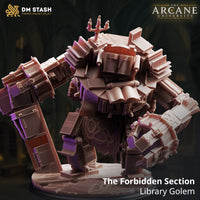 Library Golem miniature from DM Stash's Forbidden Section range — unpainted resin render showing a hulking construct built from stacked books, scrolls, and leather tomes, with a candelabra crown and book-club arms, on a debris-strewn base