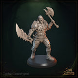 Front three-quarter view of The Ire-Caller orc miniature — an unpainted grey resin digital render showing a heavily muscled orc berserker in a wide battle stance, mouth open in a war cry, raising a double-headed battleaxe in his right hand and holding a large serrated blade in his left, wearing shoulder plate armour, studded leather belt, knee guards and heavy boots, mounted on a plain round black base