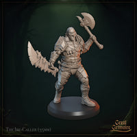 Front three-quarter view of The Ire-Caller orc miniature — an unpainted grey resin digital render showing a heavily muscled orc berserker in a wide battle stance, mouth open in a war cry, raising a double-headed battleaxe in his right hand and holding a large serrated blade in his left, wearing shoulder plate armour, studded leather belt, knee guards and heavy boots, mounted on a plain round black base