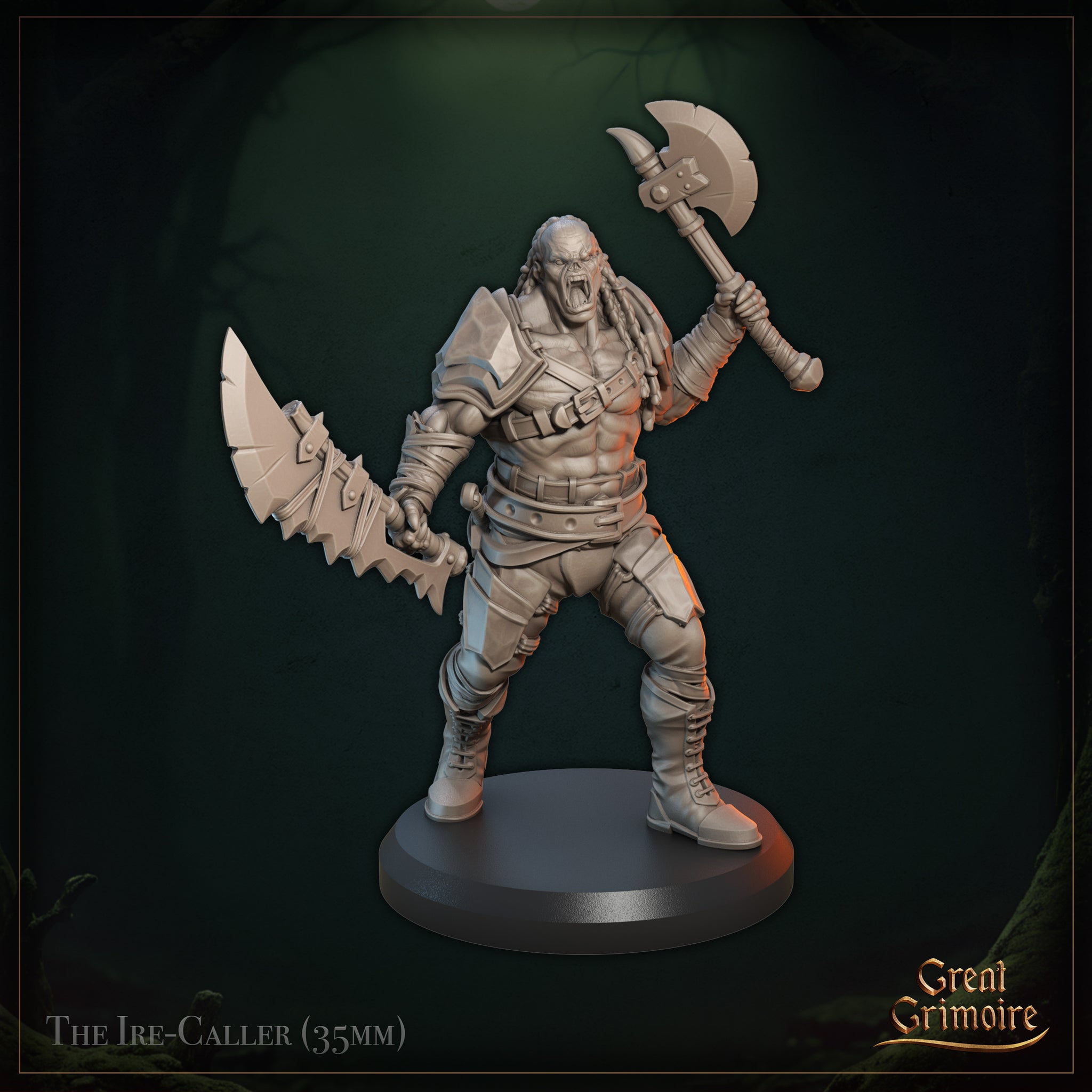 Front three-quarter view of The Ire-Caller orc miniature — an unpainted grey resin digital render showing a heavily muscled orc berserker in a wide battle stance, mouth open in a war cry, raising a double-headed battleaxe in his right hand and holding a large serrated blade in his left, wearing shoulder plate armour, studded leather belt, knee guards and heavy boots, mounted on a plain round black base