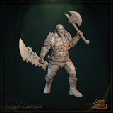 Close front view of The Ire-Caller orc miniature — unpainted grey resin digital render showing the same dual-wielding orc berserker from a slightly higher angle, highlighting the detailed torso musculature, armour straps, battleaxe and serrated blade, with long braided hair visible, mounted on a plain round black base
