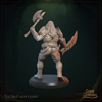 Rear view of The Ire-Caller orc miniature — unpainted grey resin digital render showing the figure from behind, revealing long flowing braided locks, detailed back armour plating, belt pouches, and both weapons — the battleaxe raised overhead and the serrated blade trailing behind, mounted on a plain round black base