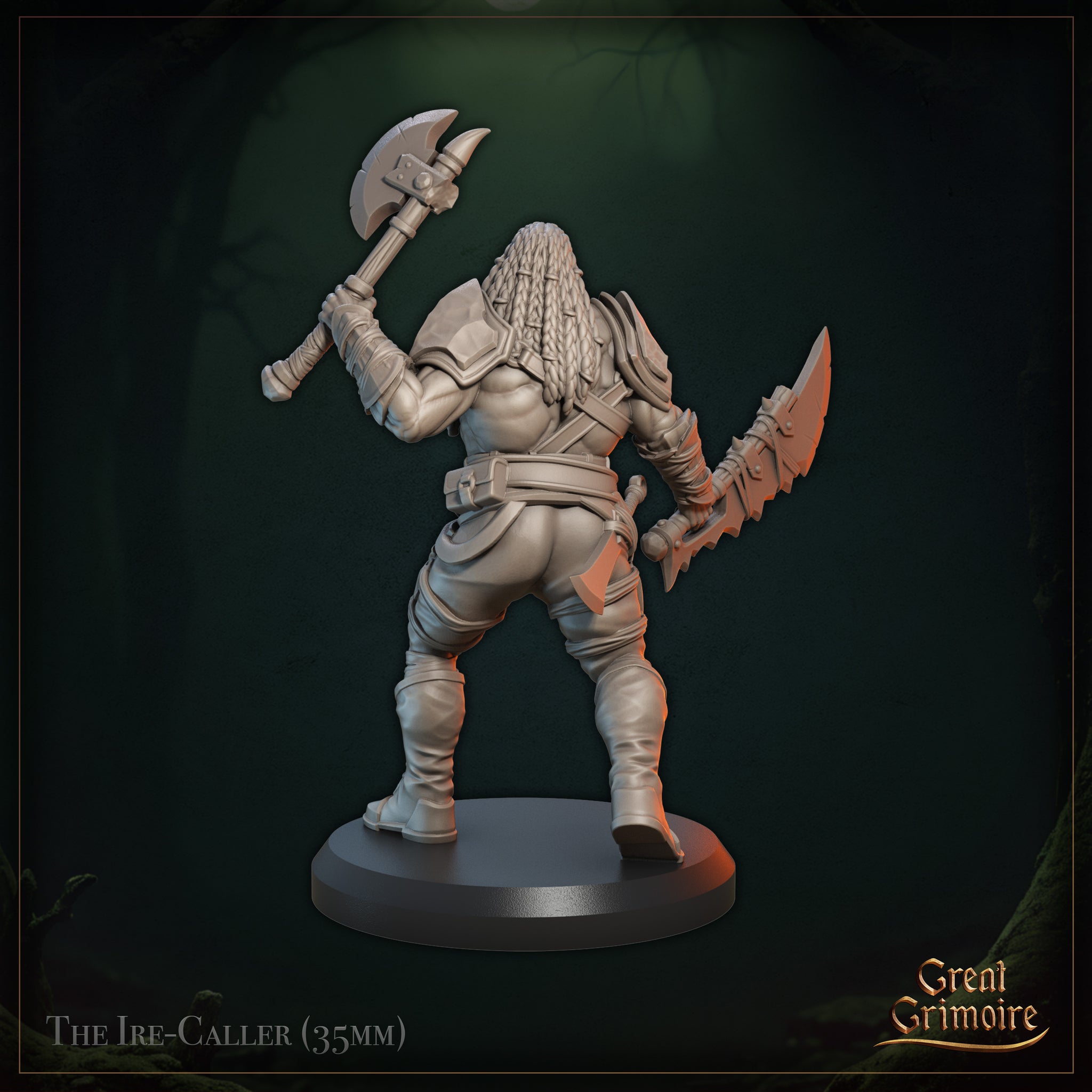 Rear view of The Ire-Caller orc miniature — unpainted grey resin digital render showing the figure from behind, revealing long flowing braided locks, detailed back armour plating, belt pouches, and both weapons — the battleaxe raised overhead and the serrated blade trailing behind, mounted on a plain round black base