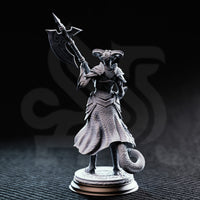 Unpainted grey resin miniature of The Matriarch tiefling noblewoman — rear view revealing the full length of the engraved knotwork coat, raised halberd silhouette, and coiled scaled tail curling behind the figure