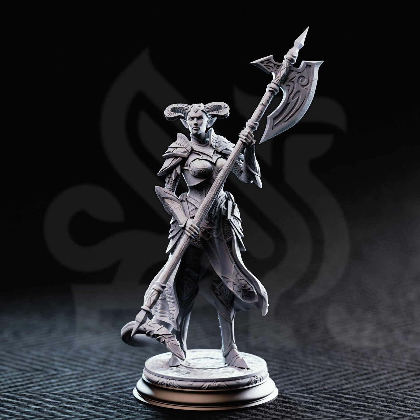 Unpainted grey resin miniature of The Matriarch tiefling noblewoman — front three-quarter view showing full sculpt detail including layered pauldrons, knotwork tabard coat, and decorative round base with scroll motifs