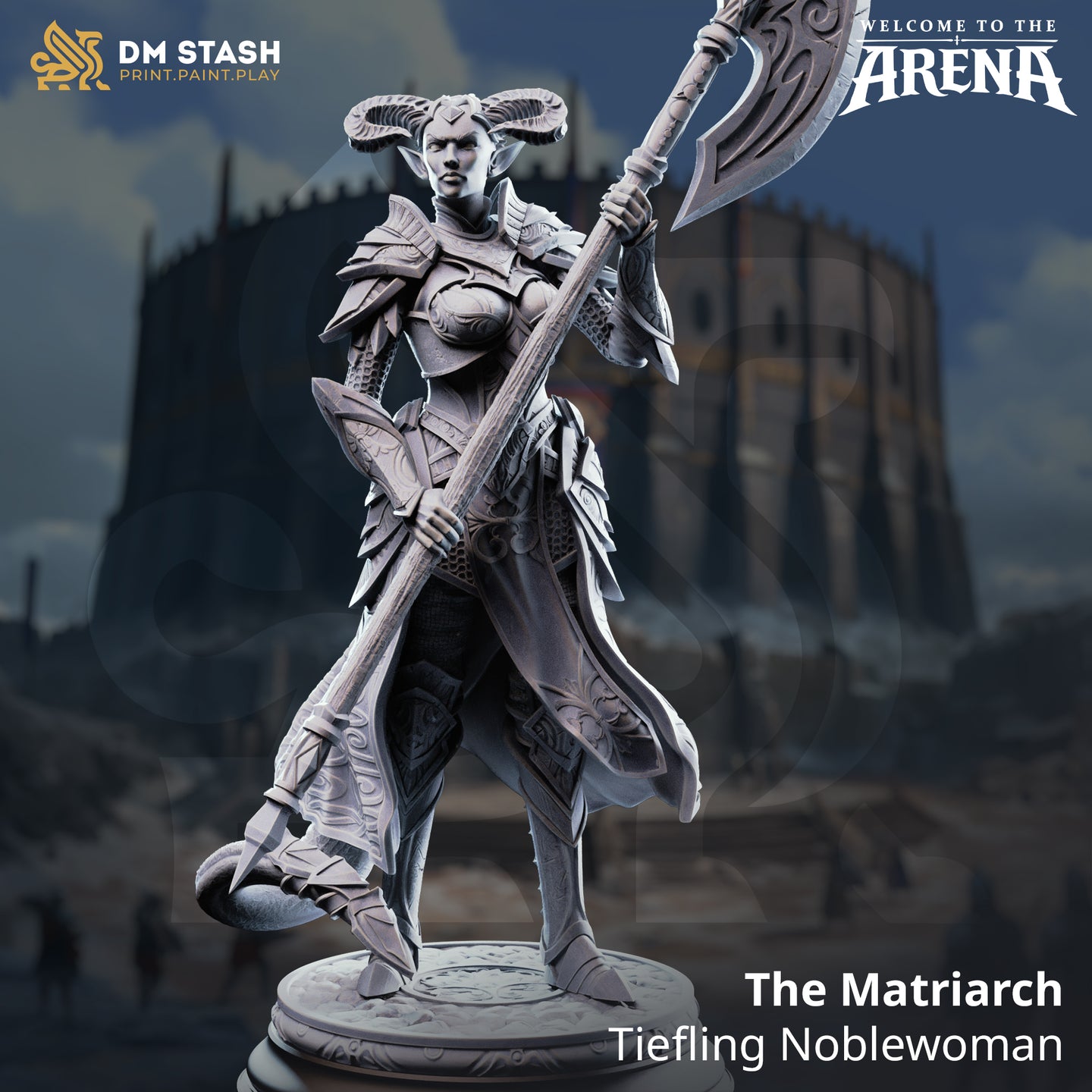 Digital render of The Matriarch tiefling noblewoman miniature by DM Stash — front view showing ornate engraved plate armour, curling rams' horns, and a large filigree halberd held diagonally across the body, set against an arena backdrop