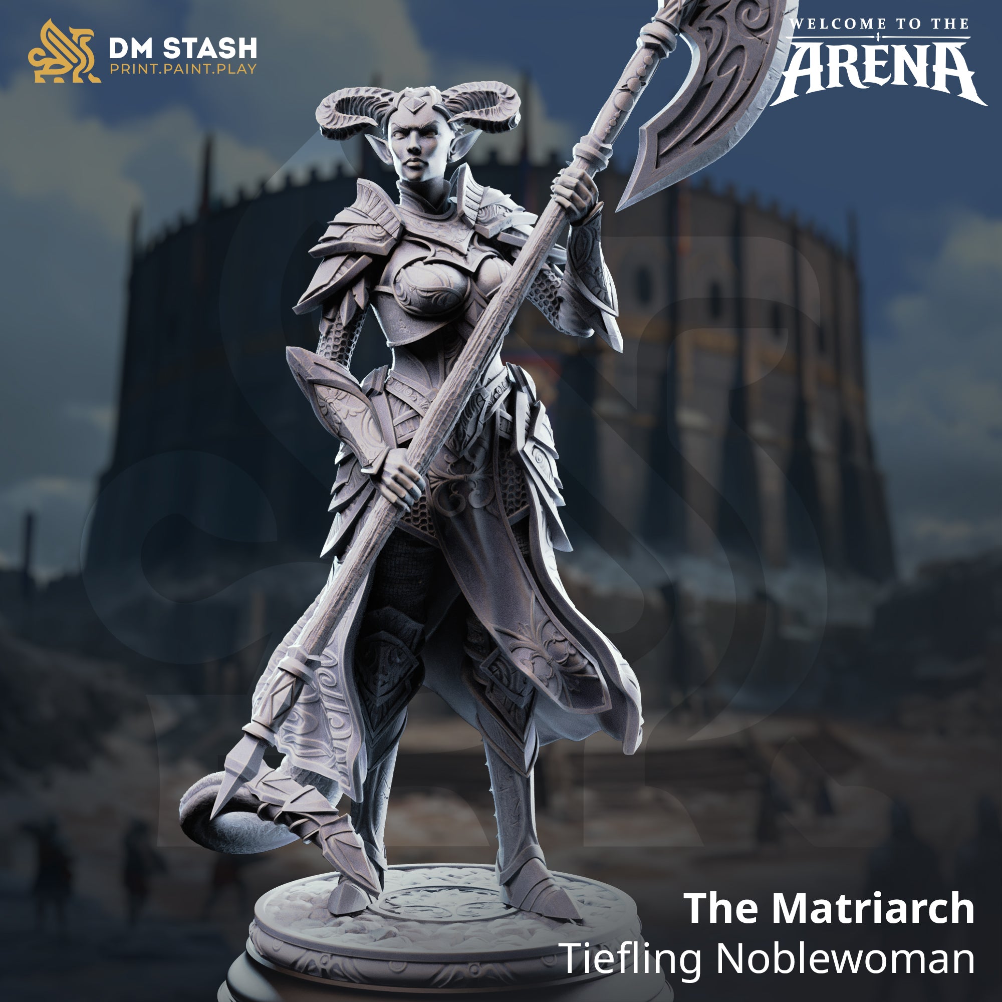 Digital render of The Matriarch tiefling noblewoman miniature by DM Stash — front view showing ornate engraved plate armour, curling rams' horns, and a large filigree halberd held diagonally across the body, set against an arena backdrop