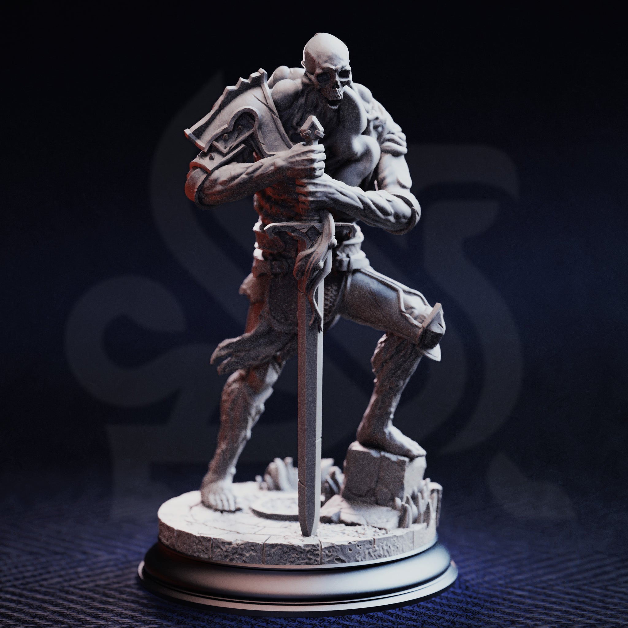 Front view of Plague Carrier 2 — an unpainted grey resin miniature of a muscular skeletal undead warrior in a crouched stance, gripping a broad sword planted in rubble, wearing a single pauldron and tattered chainmail, on a detailed scenic base