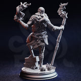 Rear three-quarter view of the same unpainted grey resin skeletal sorcerer miniature render, showing the detailed back of the tattered chainmail skirt, crossed leather straps, the spiked staff held low, and necrotic flame rising from the raised arm. Cracked stone rubble base visible beneath the figure.
