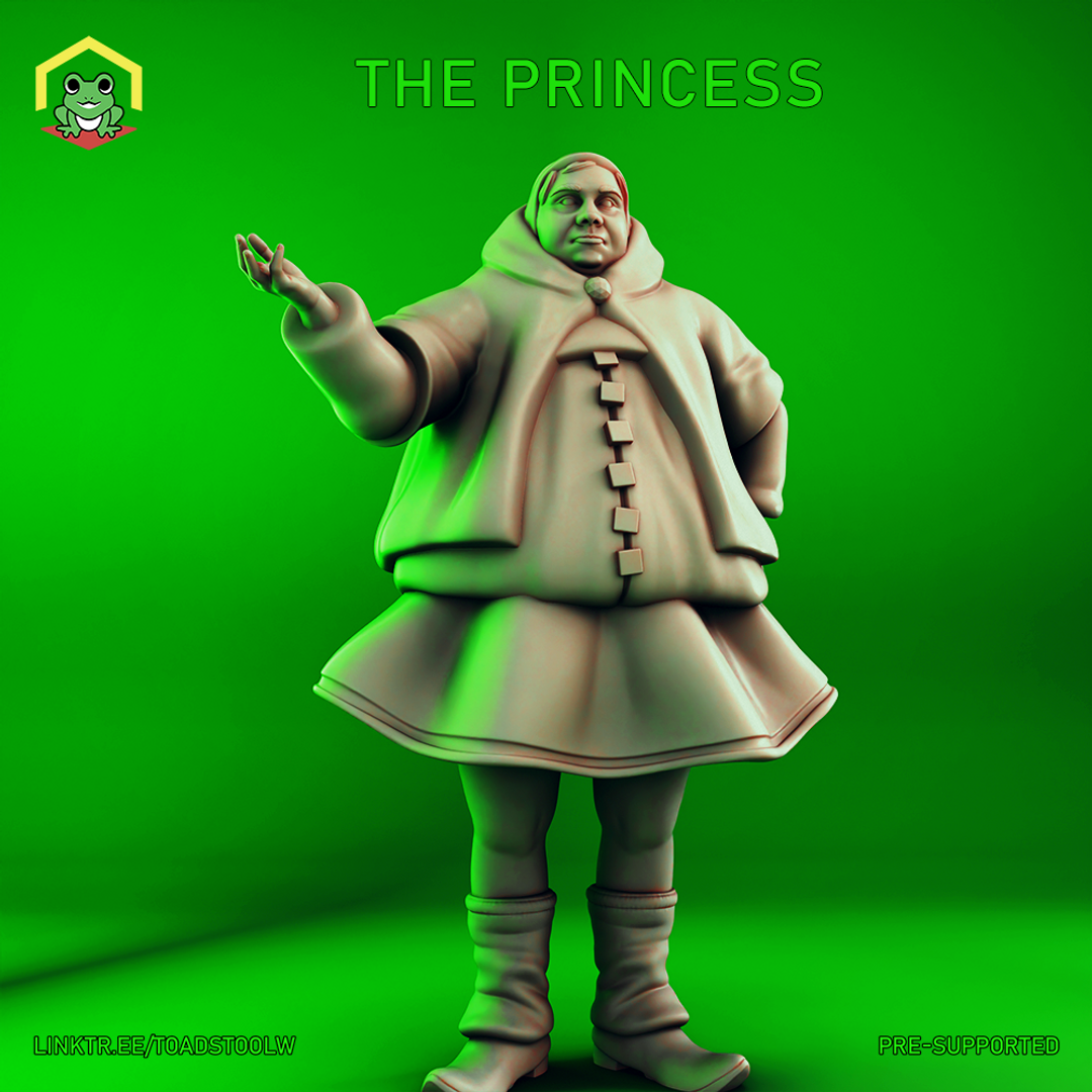 Digital render of The Princess miniature by The Toadstool Weaver — an unpainted 32mm scale figure of a stout young woman in a voluminous hooded cloak fastened with square buttons, one hand raised in an open-palmed gesture, gazing upward with a confident half-smile, wearing a layered capelet and sturdy boots