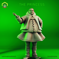 Digital render of The Princess miniature by The Toadstool Weaver — an unpainted 32mm scale figure of a stout young woman in a voluminous hooded cloak fastened with square buttons, one hand raised in an open-palmed gesture, gazing upward with a confident half-smile, wearing a layered capelet and sturdy boots