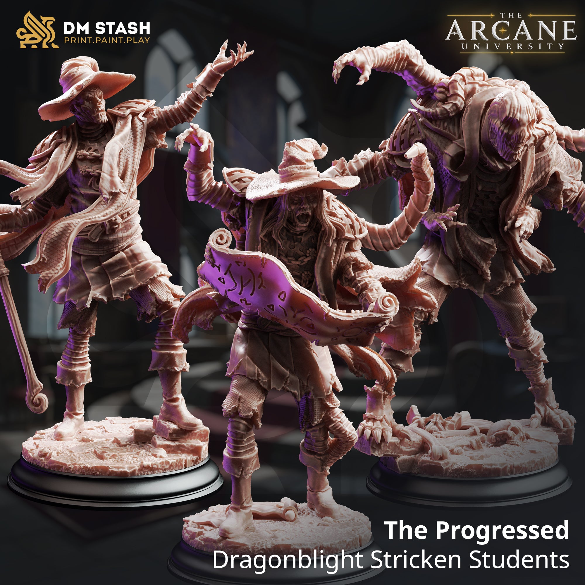 Promotional render showing all three Dragonblight Stricken Student miniatures side by side — unpainted resin figures of corrupted wizard students in tattered wide-brimmed hats, one wielding a staff, one holding an unfurled scroll, and one hunched with a massive tendril arching overhead, from DM Stash's Arcane University collection