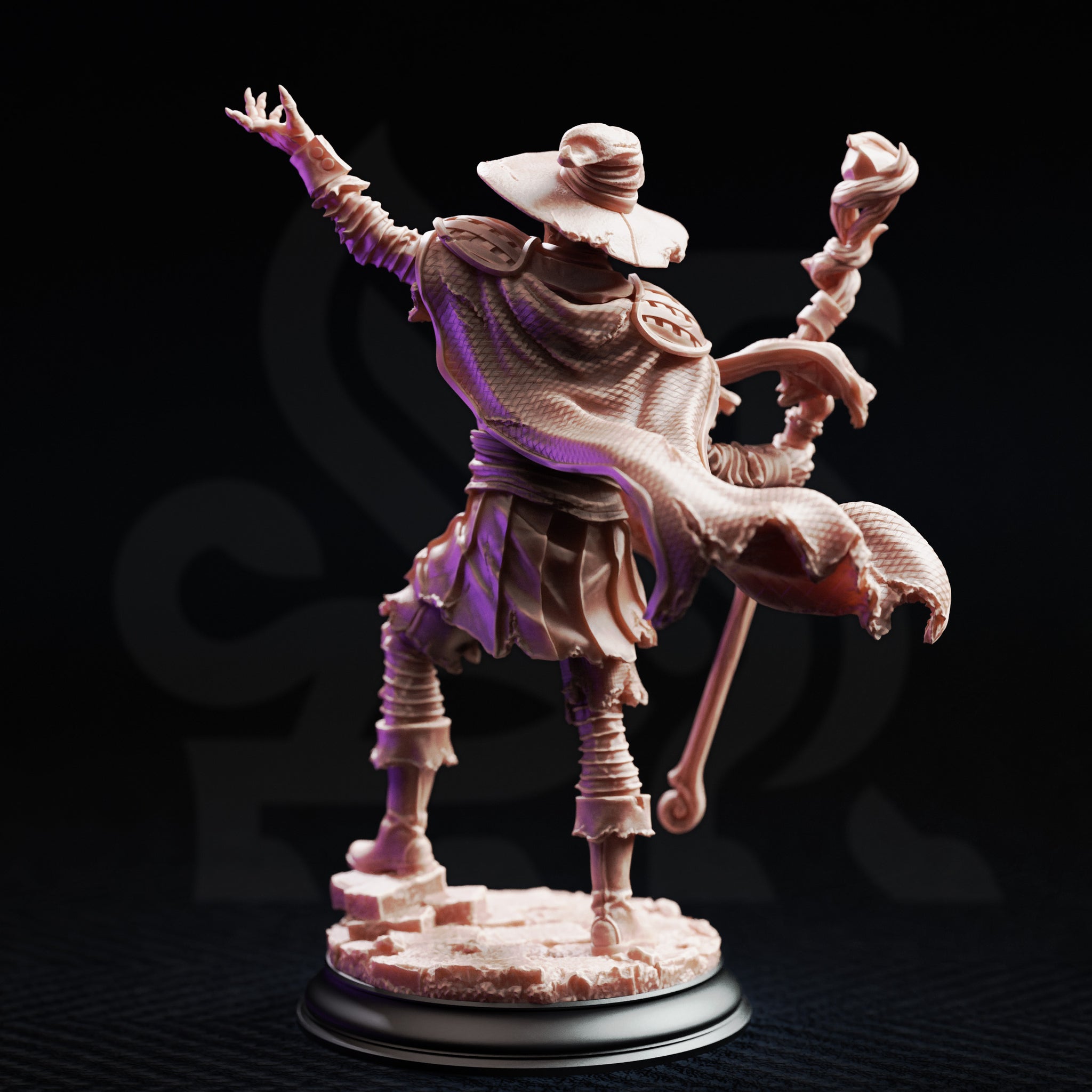 Rear three-quarter view of the same Dragonblight Stricken Student miniature — unpainted resin showing the detailed back of tattered robes with scale-like texture, the wide witch-style hat, and the corrupted staff with flame and curved talon detail, on a rubble base